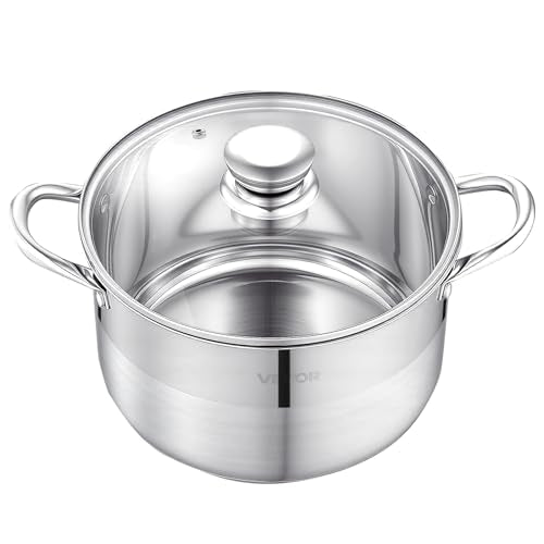 VEVOR Stainless Steel Stock Pot, 8QT Stainless Steel Stockpot with Glass Lid, PFOA-Free, PFAS-Free, Compatible with Gas Stoves, Induction Cooktops, Electric Stoves, for Soups, Stews, and Pasta