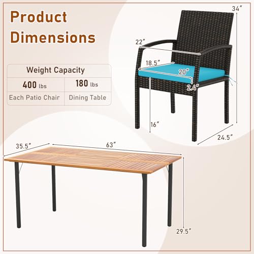Tangkula 7 Pieces Outdoor Dining Set, Patio Acacia Wood Table and PE Rattan Chairs with Soft Cushions and 2” Umbrella Hole for Deck, Garden and Backyard