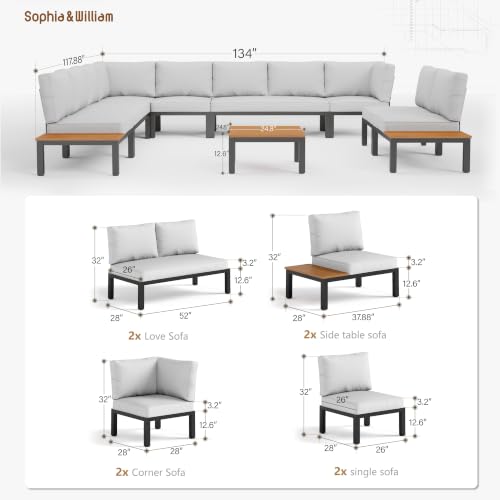 Sophia & William 10-Seat Metal Patio Sofa Sectional Set with Gray Cushions