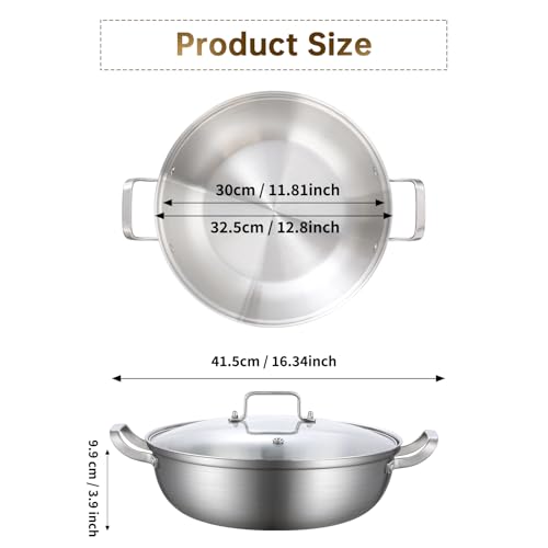 Yeksum Tri-Ply Stainless Steel Saute Pan,Deep Frying Pan with lid,Compatible with All Cooktops Up to 650℉, Everyday Pan,Hot Pot,Kadhai,Induction Cooking Pot,Dishwasher and Oven Safe. (5QT)