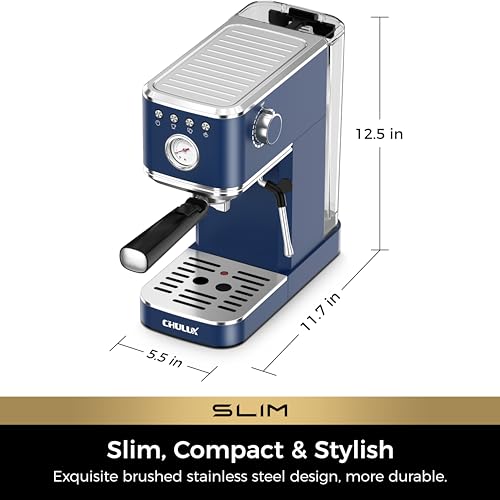 CHULUX Slim Espresso Machine with Milk Frother, 20 Bar Professional Italian Pump Espresso Coffee Machine for Home Cappuccino & Latte Maker, Stainless Steel, Dark Blue