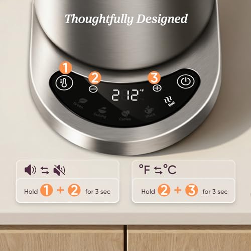 Cosori Electric Kettle, Plastic-Free Interior, 5 Presets ±5℉ Temperature Control, Fast Boiling, 2 Lid Opening, 60Min Keep Warm, Stainless Steel Tea Kettle for Tea, Hot Water, Boil Water, Coffee, 1.7L