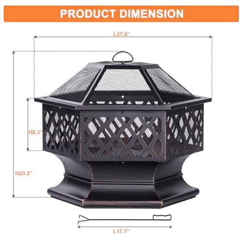 Panovue 28Inch Outdoor Fire Pit, Hexagon Shaped Wood Burning Firepit for Outside Bonfire, Patio, Backyard and Camping (Antique Bronze)