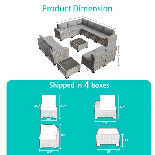 Muphyers 12-Piece Outdoor Patio Furniture Set Wicker Sectional Sofa Set, Patio Conversation Set with Thickened Cushions & Side Table for Patio, Garden, Backyard, Grey