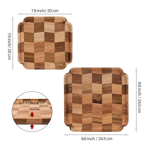Wood Serving Trays - Set of 2 Square Serving Platters, Wooden Decorative Board Charcuterie Boards for Serving Breakfast Dinner Appetizers Coffee BBQ Party (1 x 9.6 in, 1 x 7.8 in)