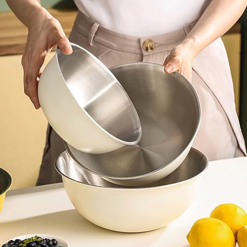 Eugelrom 4-Piece 304 Stainless Steel Mixing Bowls Set with Colander & Strainer – Off-White Coated Nesting Bowls, Food Grade Metal Bowl Set for Meal Prep, Kitchen Essentials (Lids Not Included)