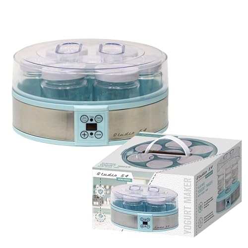 Studio 54 Yogurt Maker Machine with 7 Reusable Glass Jars (6oz Each), Probiotic Greek Yogurt Maker with Precise Time & Temperature Controls, Retro Blue Digital Yogurt Maker