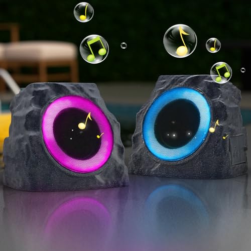 uuffoo 2-Pack Solar Powered Rock Speakers Outdoor Water-Resistant IP44 Rock Speaker with Lights RGB Colors and USB Charging for Patio Pool Party Yard Garden Outside