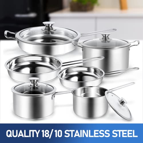 Aufranc 10-Piece Pots and Pans Set, Stainless Steel Cookware Set- Includes Ergonomic Handle Saucepans, Skillets, Dutch Oven, Stockpot, Steamer & More - Premium Pots and Pans for Home Chefs