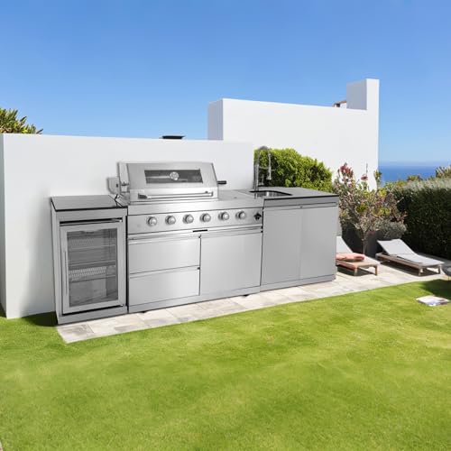 Modular Outdoor Kitchen BBQ Island, 104" Outdoor Kitchen Propane Gas Island Grill with Sink, Compact Refrigerator, Storage Cabinets, Rotisserie Kit (Silver, 104")