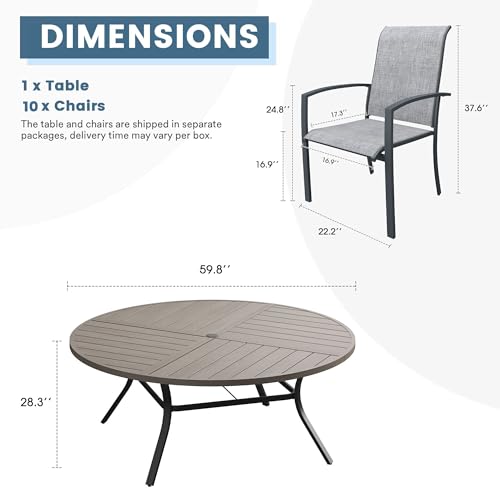 DIFY 11 Pieces Outdoor Dining Set, Metal Patio Table and Chairs Set for 10 with Umbrella Hole, 59.8" Round Dining Table and Textilene Stackable Patio Chairs for Garden Backyard Deck, Grey Wood-Like