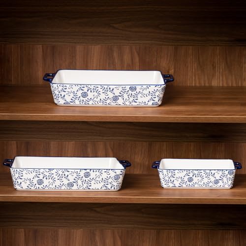 Cerkik Ceramic Bakeware Set - Casserole Dish Baking Dishes for Oven - Rectangular Lasagna Pans with Handles for Kitchen Cooking - Microwave & Dishwasher Safe - Set of 3 (15.1''/13.6''/9.9'') - Blue