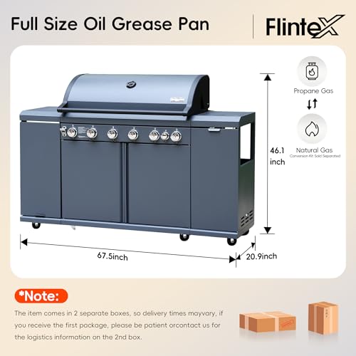 Flintex 6-Burner Propane Gas Kitchen Grill Island with Side Burner,72,000 BTU Stainless Steel BBQ Outdoor Griddle Grill Combo with LPG/NG Convertible and Storage Cabinets & Fold-out Table, Gray