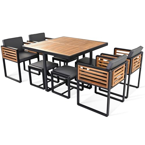 Merax 9 Pieces Outdoor Dining Set for 8 People, Acacia Wood Patio Furniture Sets with 1 Square Table, 4 Cushioned Chairs and 4 Ottomans for Backyard, Garden, Lawn, Poolside, Space Saving Design, Gray