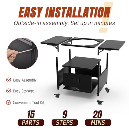 Outdoor Big Green Egg Grill Cart,Egg BBQ Grill with Dustproof Cover, 3-Duty Storage, 2 Sided Prep Table, 530Lbs&Heavy Duty Metal, Outside-in Easy assembly, Compatible with Big Green Egg,Kamado Joe