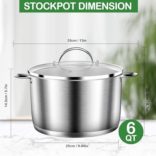 STOCKPOT Cooking Pot, Stainless Steel Stock Pot with Glass Lid, 6 Quart Soup Pot, Induction Compatible, Dishwasher Safe
