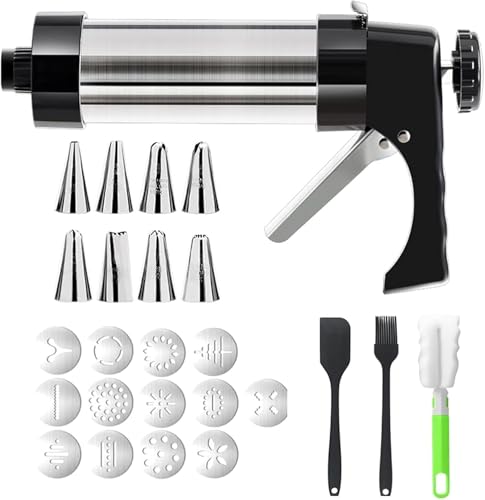 Stainless Steel Cookies Press,Cookie Press Gun Kit with 13 Cookie Discs and 8 Piping Tips, Gift for Women, Christmas Festival Biscuit Maker