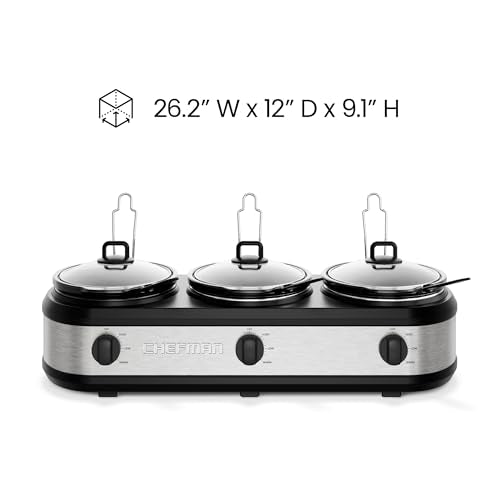 Chefman Triple Slow Cooker & Food Warmer, Three Crock Slowcooker with 2.5 Qt. Ceramic Crocks, 7.5-Quart Total Capacity, PFAS-Free, Three Temperature Settings, Dishwasher-Safe Parts – Stainless Steel