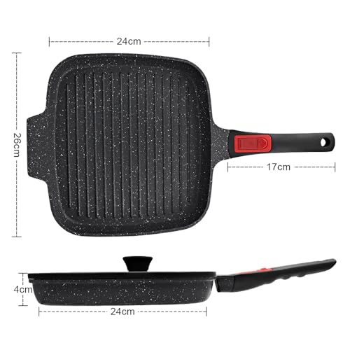 RANX INGST Griddle Pan with Lid, 10 Inch Cast Aluminium Non Stick Grill Pan with Detachable Handle for Induction Hob, Black