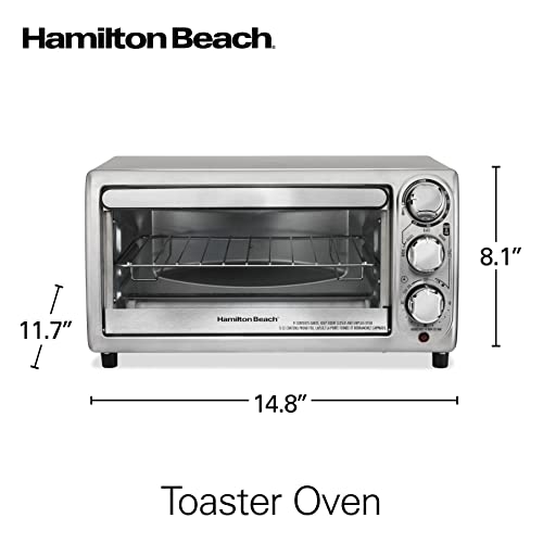Hamilton Beach 4-Slice Toaster Oven with 5 Cooking Modes (Bake, Broil, Keep Warm Toast & Bagel) with Stay On & Auto Shutoff, 2 Rack Positions, 1100 Watts and 3 Accessories, Stainless Steel (31143)