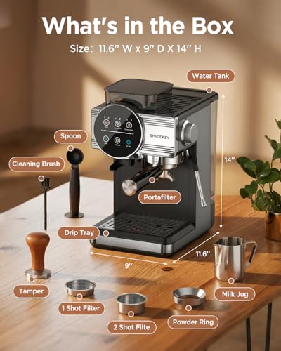 Espresso Machine with Grinder and Frother, 30 Grind Settings, 20 Bar
