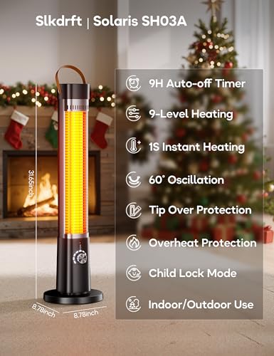 Slkdrft Outdoor Heater for Patio w/Remote, 1500W, 60ยฐ Oscillation, 9H Timer, 9 Heat Level, Tip-Over/Overheating Protection, Safety Lock, for Garage Porch Office Black