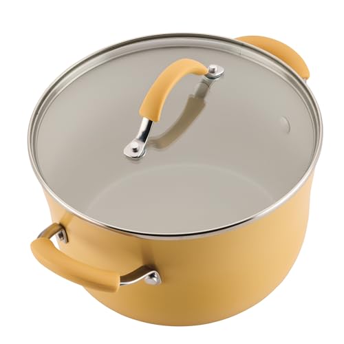 Rachael Ray Cucina Ceramic Cookware Set - 13 Pieces - Ceramic Pots and Pans Set w/Nonstick Frying Pans, Saute Pan, Saucepans, Stockpot, Lids, Pan Protectors & Cooking Utensils - Turmeric