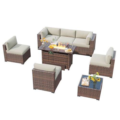 LazySunsets 8 Piece Outdoor Patio Furniture Set with 44'' Fire Pit Table, Outdoor Patio Furniture Set with 4'' Thicken Cushion, Wicker Rattan Outdoor Conversation Set for Backyard & Garden, Beige