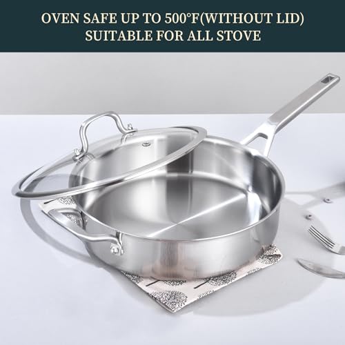 Yeksum 3-Quart Saute Pan with Lid | 10-Inch 3-Ply 18/10 Stainless Steel Deep Fry Pan & Large Skillet, Healthy Non-Toxic Cookware, Oven Safe 600°F & Dishwasher Safe