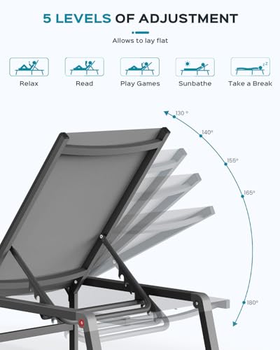 Aluminum Chaise Lounge Ourdoor - Foldable & Assemble Free Outdoor Lounge Chair with 5 Adjustable Backrest, Patio Lounge Chair for Outside Poolside Beach Pool, Grey