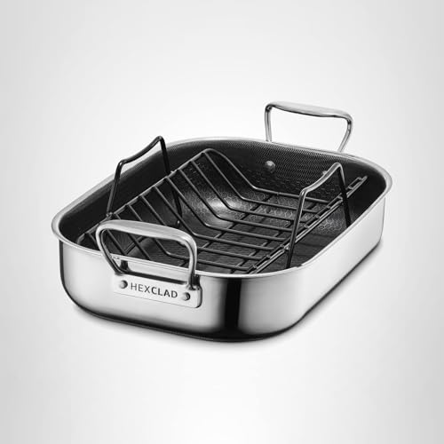 HexClad Hybrid 14 x 10 Inch Rectangular Nonstick Roasting Pan with Rack, Dishwasher-Friendly, Oven-Safe Up to 900°F, Compatible with All Cooktops