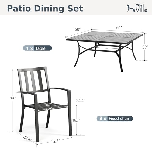 PHI VILLA 9 Pieces Outdoor Dining Set for 8, 60” Square Black Metal Table with Umbrella Hole & Stackable Iron Chairs, Large Outside Furniture Set for Patio, Deck, Yard, Porch