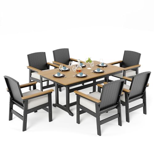 7 Piece HDPE Outdoor Dining Set for 6, 64” All Weather Wood-grain Dining Table, 6 Wicker Rattan Chairs with 3.2” Waterproof Cushion, Patio Table and Chairs Set for Backyard and Deck, Black