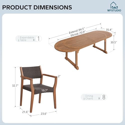 MFSTUDIO Teak Outdoor Dining Set for 8, Outdoor Wood Table and Chairs, 9 Pieces Outdoor Dining Table Set with Rattan Chairs, Wood Patio Dining Furniture Expandable Table for 8