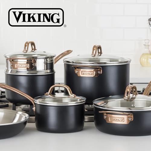 Viking 3 Ply Pots and Pans Set, 11 Piece Stainless Steel Kitchen Cookware with Glass Lids, Black with Copper