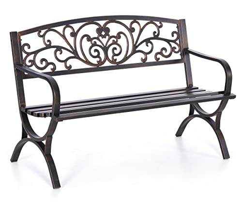 MFSTUDIO 50 Inches Outdoor Garden Bench, Cast Iron Metal Frame Patio Park Bench with Floral Pattern Backrest, Arch Legs for Porch, Lawn, Yard-Bronze