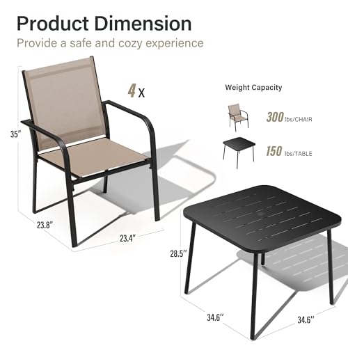 LAUSAINT HOME 5 Pieces Outdoor Dining Set, Patio Furniture Set of 4 Textilene Chairs with Square Metal Slatted Table with Umbrella Hole, Outdoor Table and Chairs Set for Backyard, Garden, and Poolside