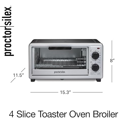 Proctor Silex 4 Slice Countertop Toaster Oven, Multi-Function with Bake, Toast and Broiler, 1100 Watts, 30 min timer and auto-shutoff, Includes Backing Pan and Rack, Black and Silver (31260)