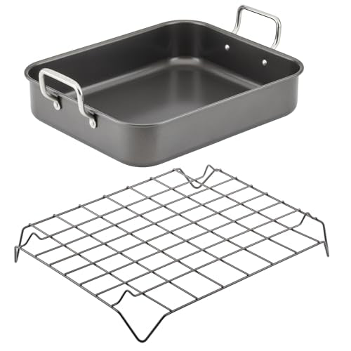 Rachael Ray Bakeware Nonstick Roaster/Roasting Pan with Reversible Rack, 16.5 Inch x 13.5 Inch, Gray