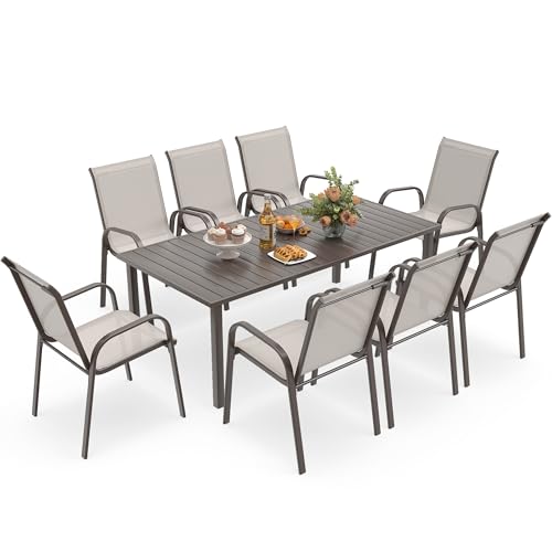 HAPPATIO Outdoor Patio Dining Set, 8 Quick Dry Textilene Dining Chairs and Dining Table with Umbrella Hole, Stackable Textilene Chairs for Garden, Patio and Poolside Backyard, Light Grey