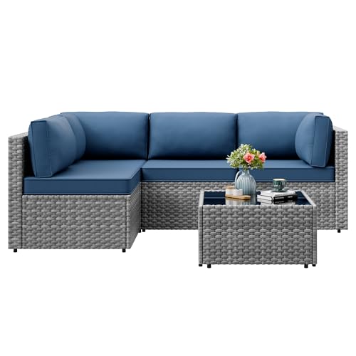 Vongrasig 5 Pieces Patio Furniture Set with Cushion, Glass Table, Navy Blue