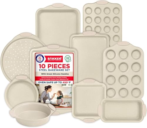 BAKKENMASTER 10-Piece Nonstick Bakeware Set – Heavy-Duty Carbon Steel Pans with White Silicone Handles, White Marble Coating, Oven Safe to 450°F, PFOA/PFOS/PTFE-Free, Dishwasher Safe
