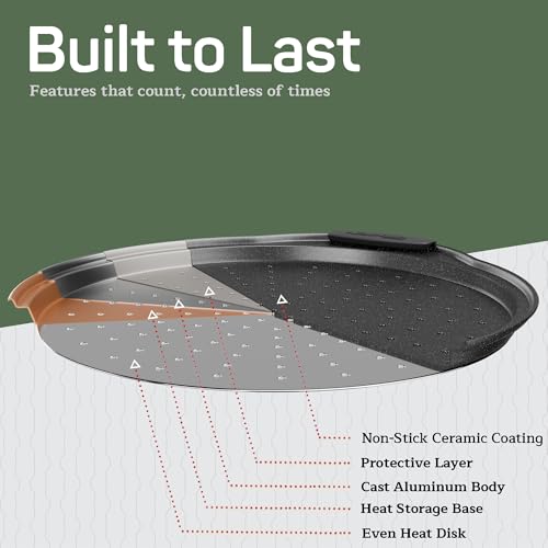 Non-Stick Pizza Pan with Silicone Handle 2 Pack, 13 Inch Round Carbon Steel Tray with Perforated Holes, Dishwasher & Oven Safe Up To 450°F, PFOAPFOSPTFE Free, Durable Nonstick Gray Marble Coating