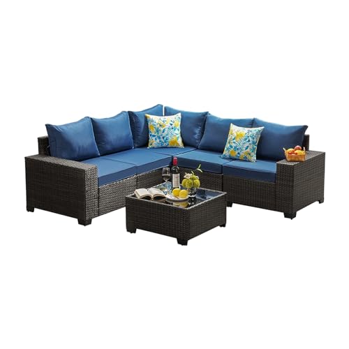 JOYURE 6 Pieces Patio Furniture Set All-Weather Outdoor Wicker Sectional Conversation Sofa Rattan Patio Seating Sofa with Cushion and Glass Table for Porch Poolside,Navy