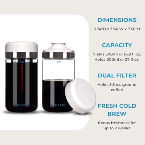 SHELBRU Cold Brew Coffee Maker Set (Brewer & Carafe), Up to 12 Servings of Concentrate, Reusable Stainless Steel Dual Filter, Durable Borosilicate Glass & Spill-Proof Pouring Spout, 16.9 fl oz / 500ml