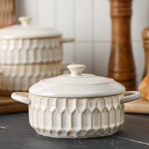 ArteBake Mini Cocotte Set-14 OZ Small Casserole Dishes with Lids and Handles, Individual Ceramic Baking Ramekins for Lasagna, Soufflé, Soup,Oven, Microwave & Dishwasher Safe,set of 4, Beige
