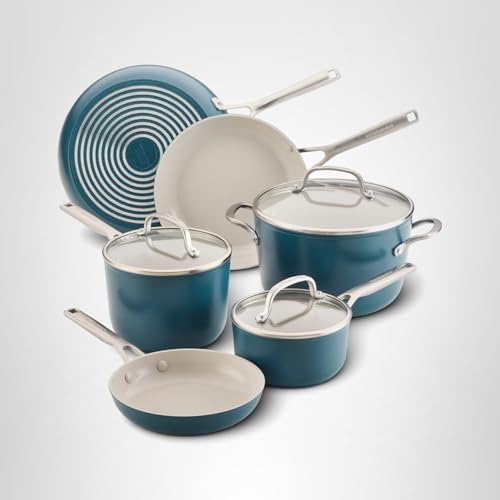 KitchenAid Hard Anodized Ceramic Induction Nonstick Pots and Pans Set with Saucepans, Frying Pans, Stockpot, and Lids, Dishwasher Safe, 9 Piece Cookware Set with Stainless Steel Handles - Agave Blue