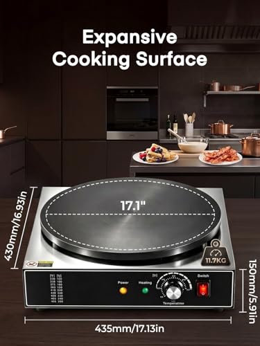 FOHERE 1700W Electric Crepe Maker, 17.1 Inch Commercial-Style Crepe Machine with 122°F-572°F Temperature Control, Iron Plate Griddle for Crepes, Dosas, Pancakes, Tortillas and Flatbreads