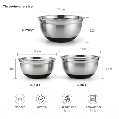 Koocovel 3-Piece Metal Mixing Bowls Set – 2.3/2.9/4.75 Qt Stainless Steel Prep Bowls with Non-Slip Silicone Base, Nesting Design & Dishwasher Safe for Baking, Meal Prep, Salad Serving & Food Storage