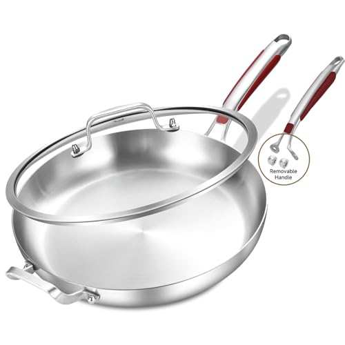 Inqibee 13-Inch Tri-Ply Stainless Steel Frying Pan with Lid and Helper Handle,Skillet,Induction Cooking Pan,Heavy Duty and Detachable Handle.